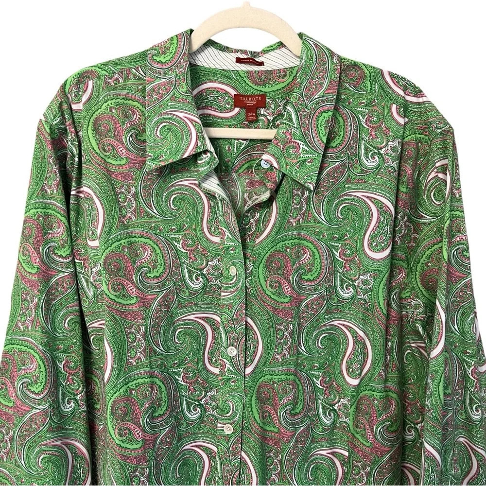 Talbots Woman Paisley Button Front Shirt Green Pink 24W Old Money Classic - Picture 2 of 5